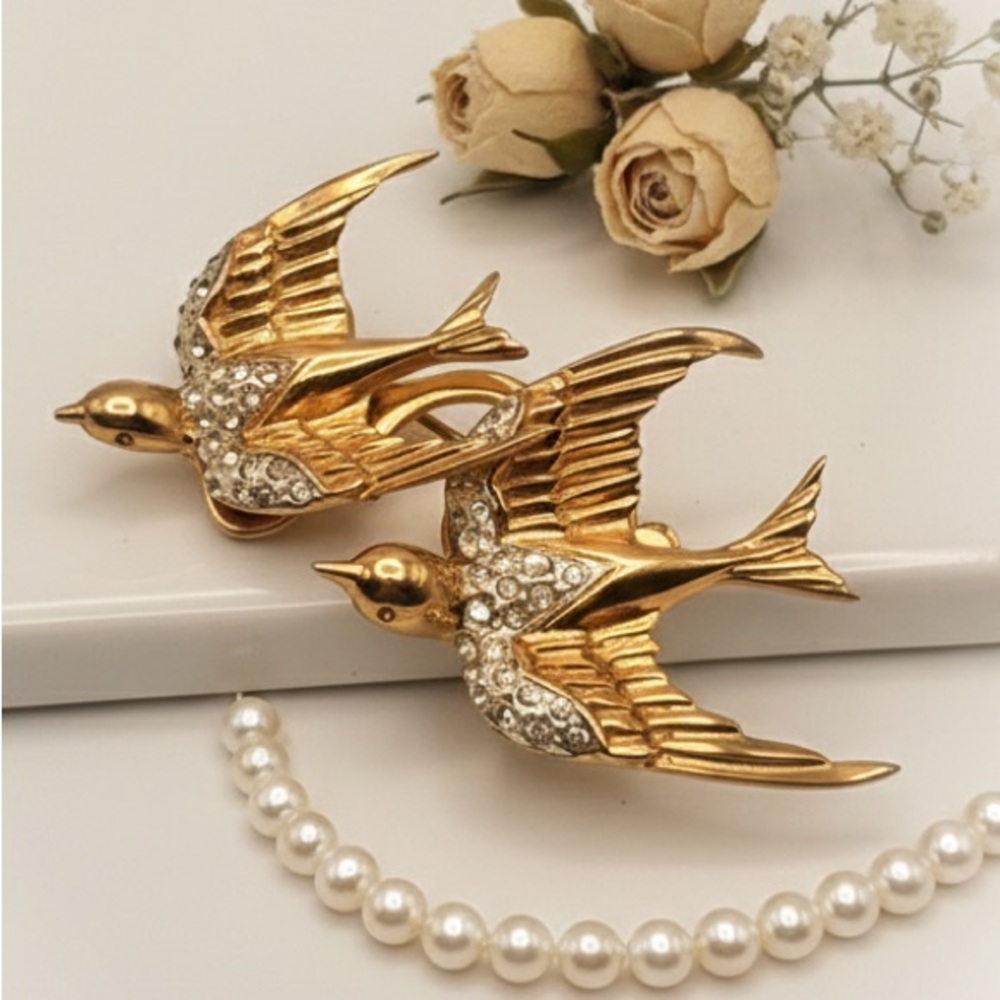 RARE VINTAGE 1940s Coro Craft STERLING Duette Heavenly Swallows Pin/Fur Clips